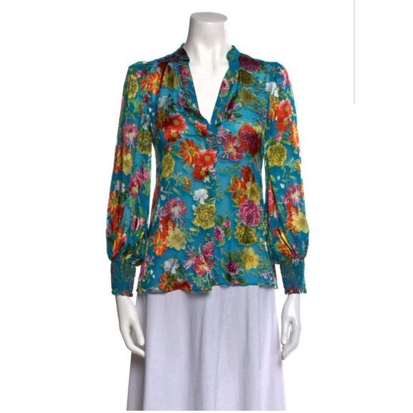 alice olivia New Authentic Blue Pink Summer Bliss Long Sleeve Top Blouse Xs - Picture 3 of 12